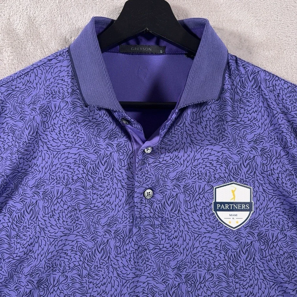 Greyson Polo Shirt Mens Large Purple Golf Performance Stretch Lion Print Miami